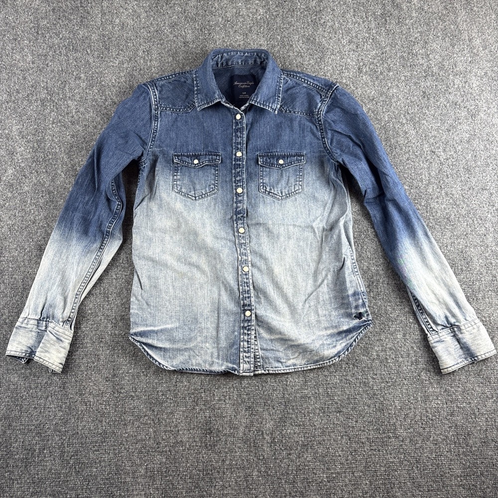 American Eagle Ombre Denim Western Shirt Dip Dye Pearl Snap Long Sleeve Small